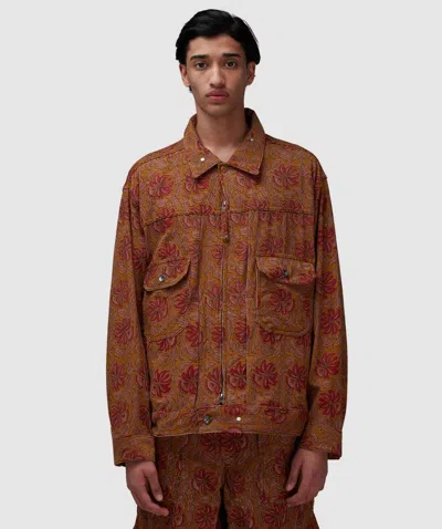 Engineered Garments Trucker Jacket In Khaki Floral Printed Corduroy