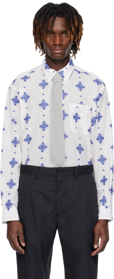 Engineered Garments White & Blue 19 Century Bd Shirt In Ib006 White Cp Crest