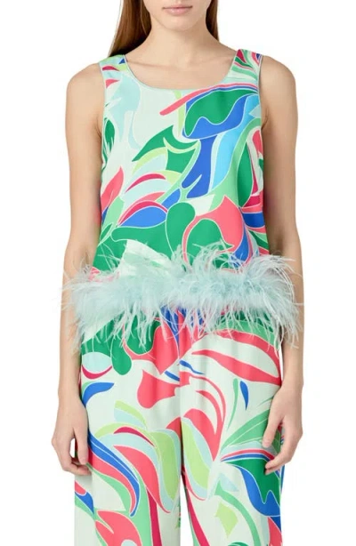 English Factory Abstract Print Feather Trim Sleeveless Top In Green/blue Multi