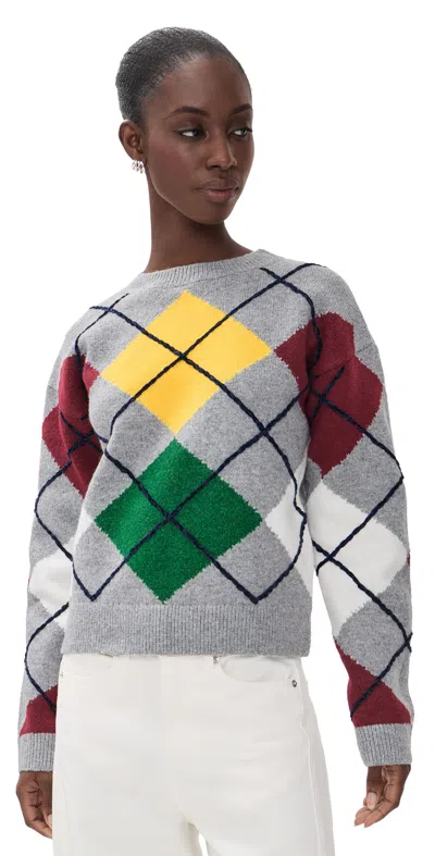 English Factory Argyle Whipstitch Knit Sweater Light Grey Multi
