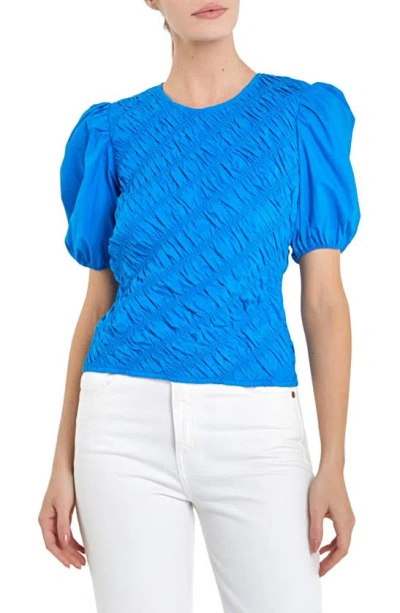 English Factory Asymmetric Shirred Puff Sleeve Top In Sapphire Blue