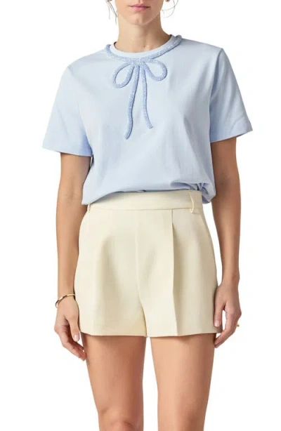 English Factory Beaded Bow Cotton T-shirt In Powder Blue