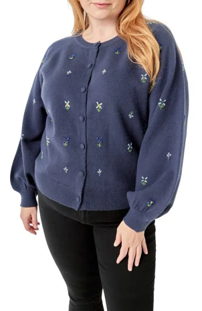English Factory Beaded Floral Cardigan In Blue
