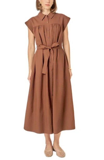 English Factory Belted Short Sleeve Shirtdress In Brown