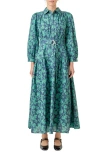 English Factory Belted Tiered Print Long Sleeve Cotton Midi Dress In Multi