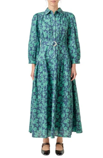 English Factory Belted Tiered Print Long Sleeve Cotton Midi Dress In Multi