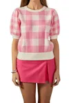 English Factory Gingham Puff Sleeve Sweater In Pink