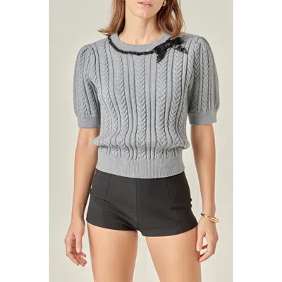 English Factory Big Bow Puff Sleeve Sweater In Heather Grey