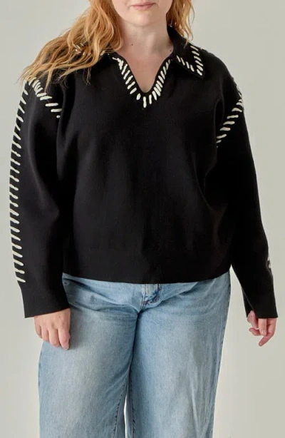 English Factory Blanket Stitch Detail Knit Top In Black