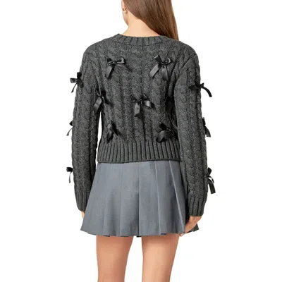 English Factory Bow Accent Cable Crewneck Sweater In Charcoal