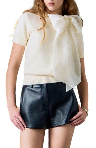 English Factory Bow Accent Short Sleeve Sweater In White