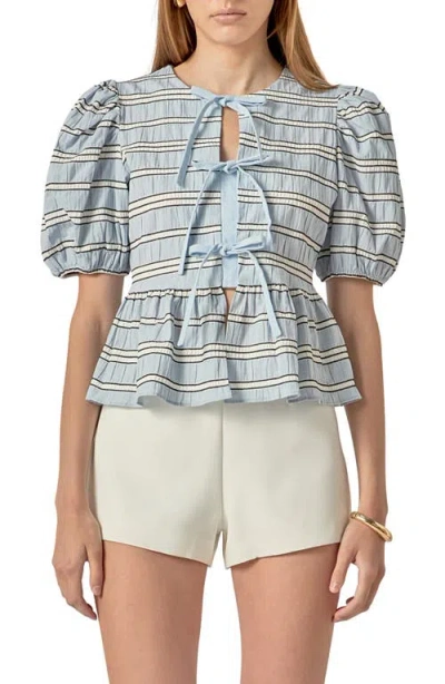 English Factory Bow Detail Puff Sleeve Peplum Top