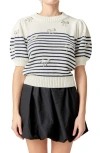 English Factory Bow Detail Short Sleeve Sweater In Off White/navy