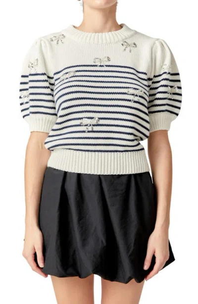 English Factory Bow Detail Short Sleeve Sweater In Off White/navy