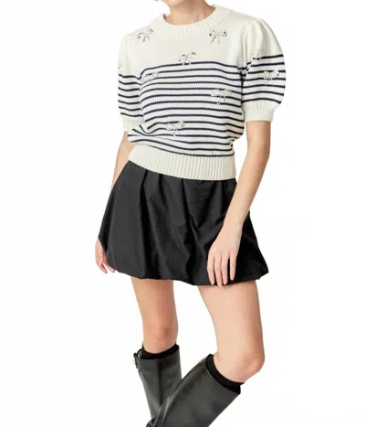 English Factory Bow Detail Stripe Sweater In White/black In Multi