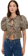 English Factory Leopard Print Tie Front Puff Sleeve Top In Brown