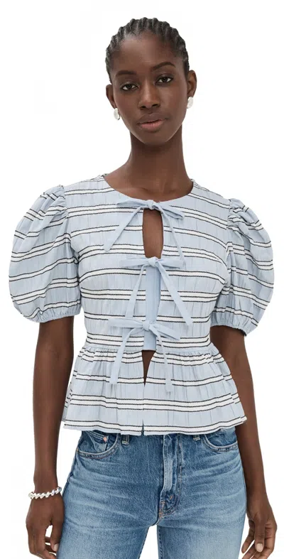 English Factory Bow Detailed Puff Sleeve Top Powder Blue Multi
