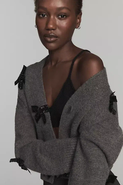 English Factory Bow-embellished Crop Cardigan Sweater In Gray