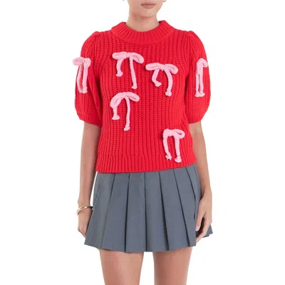 English Factory Bow Embellished Puff Sleeve Sweater In Red