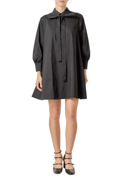 English Factory Bow Long Sleeve Shirtdress In Black