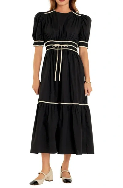 English Factory Bow Puff Sleeve Cotton Blend Midi Dress In Black