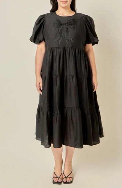 English Factory Bow Puff Sleeve Midi Dress In Black