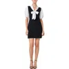 English Factory Bow Tie Puff Sleeve Mixed Media Minidress In Black/white