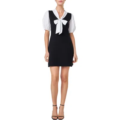 English Factory Bow Tie Puff Sleeve Mixed Media Minidress In Multi