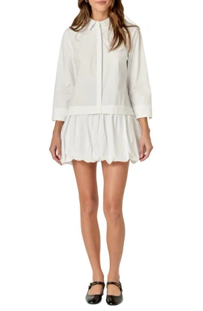 English Factory Bubble Hem Long Sleeve Cotton Shirtdress In White