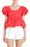 English Factory Bubble Hem Puff Sleeve Top In Red