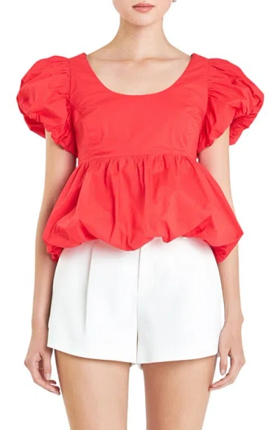 English Factory Bubble Hem Puff Sleeve Top In Red