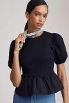 English Factory Mixed Media Puff Sleeve Peplum Top In Black