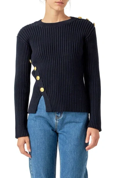 English Factory Button Detail Rib Sweater In Navy