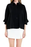 English Factory Button Down Balloon Sleeve Shirt In Black In Black