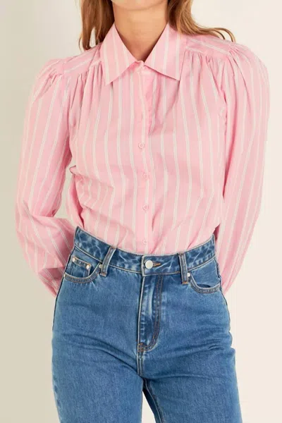 English Factory Button Down Stripe Shirt In Pink Multi In Animal Print