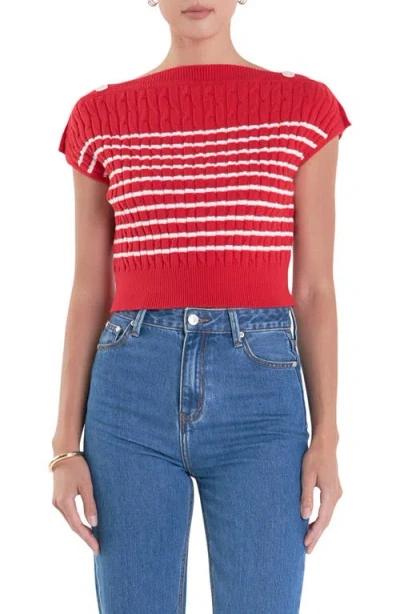 English Factory Button Shoulder Stripe Cable Stitch Sweater In Red/white