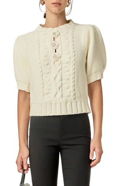 English Factory Cable Stitch Puff Sleeve Cardigan In Neutral
