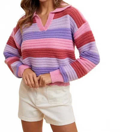 English Factory Carly- Textured Multi Color Stripe Sweater Top In Pink Combo