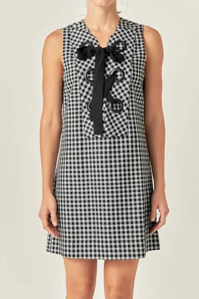 English Factory Check Sleeveless Grommet Mini Dress In Black