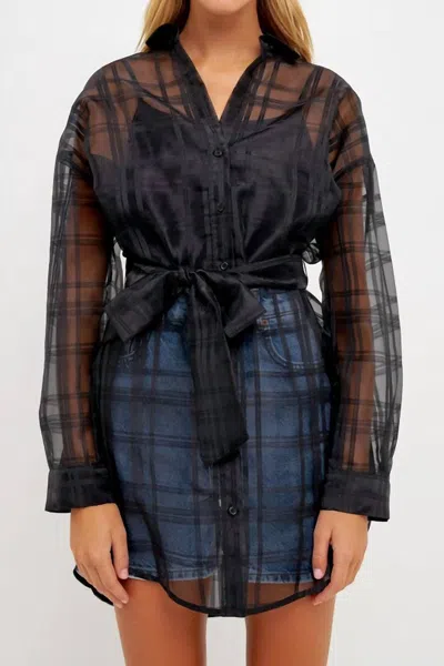 English Factory Checked Organza Tie Blouse In Black