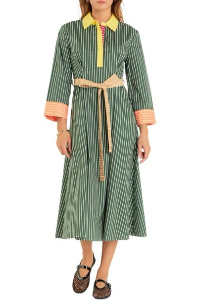 English Factory Colorblock Detail Stripe Cotton Shirtdress In Green Multi