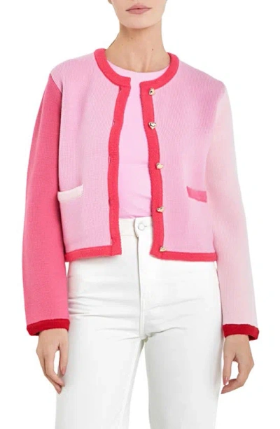 English Factory Colorblock Heart Button Cardigan In Pink Multi