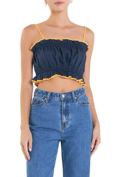 English Factory Colorblock Linen Blend Crop Camisole In Navy