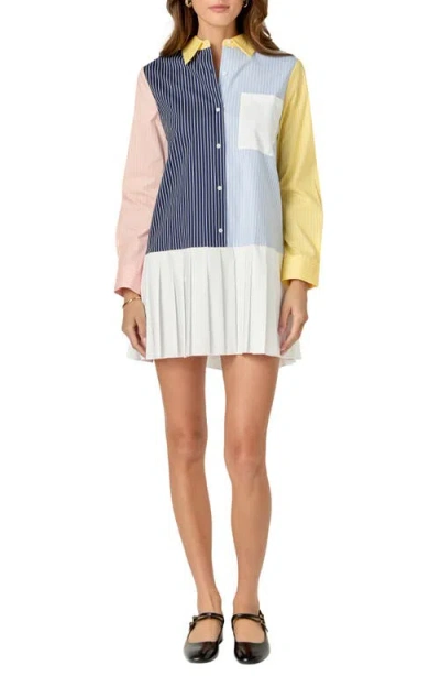 English Factory Colorblock Long Sleeve Shirtdress In Navy Multi