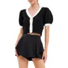 English Factory Colorblock Puff Sleeve Crop Cardigan In Black