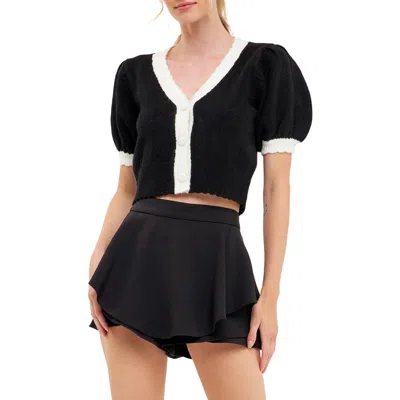 English Factory Colorblock Puff Sleeve Crop Cardigan In Black
