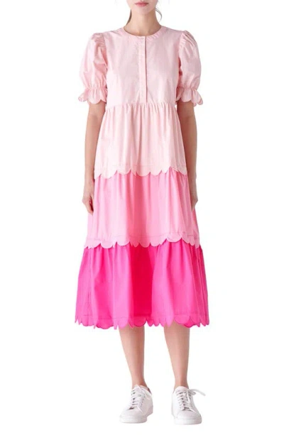English Factory Colorblock Scallop Puff Sleeve Dress In Pink Multi