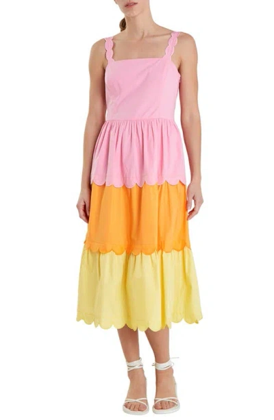 English Factory Women's Colorblock Tiered Midi Dress In Pink Multi