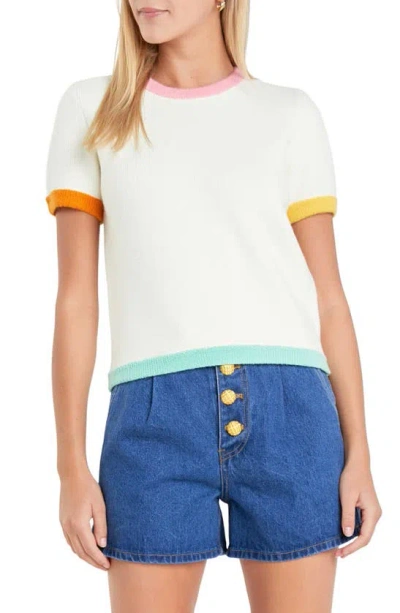 English Factory Colorblock Short Sleeve Sweater In Ivory Multi