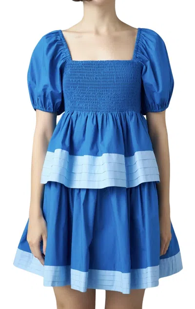 English Factory Colorblock Smocked Tiered Mini Dress In Blue Multi